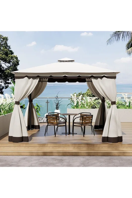 10 x 10FT Tiered Roof Metal Frame Patio Gazebo with Curtains