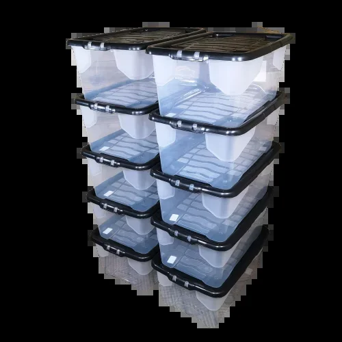 10 x 42L Clear Storage Box with Black Lid, Stackable and Nestable Design Storage Solution
