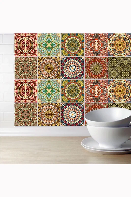 10Pcs Moroccan Style Art Tile Stickers Kitchen Oil-Proof Waterproof Self Adhesive Wall Tiles Sticker