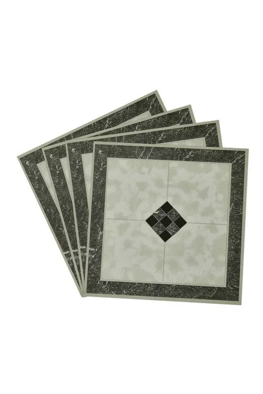 10pcs Self-Adhesive Marble-Effect Floor Sticker with Border & Diamond Inlay, 0.929㎡