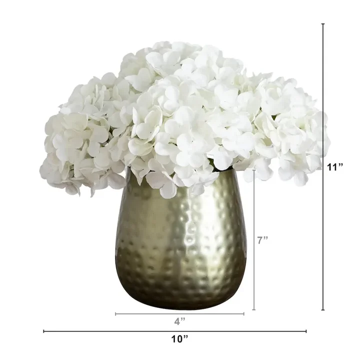 11in. Artificial Hydrangea Arrangement in Gold Metal Vase