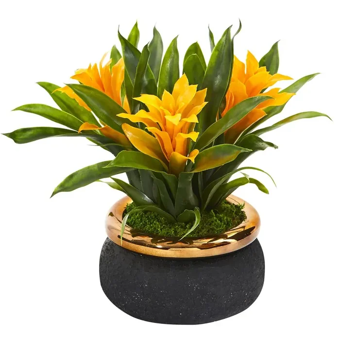 11in. Bromeliad Artificial Plant in Stoneware Planter, Yellow