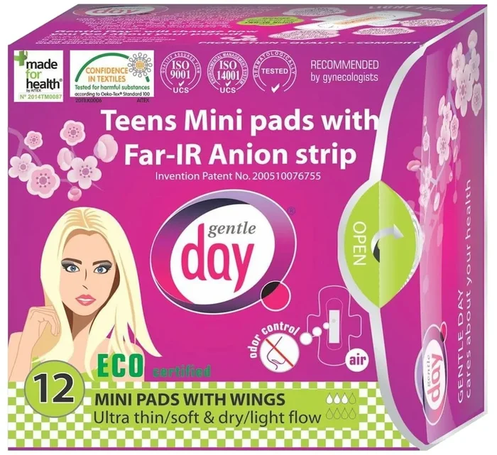 12 Mini-Damenbinden mit anionischem Streifen (Jugendliche) – GENTLE DAY
