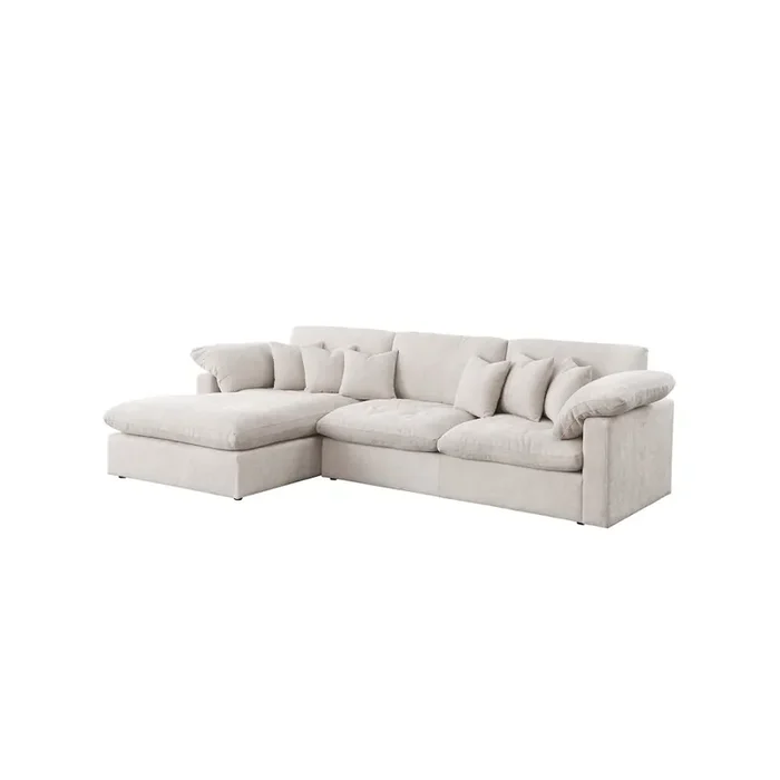 121″W Beige Chenille Sectional Sofa with Left-Facing Chaise, 6 Throw Pillows