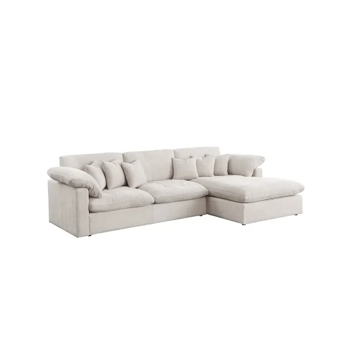 121″W Beige Chenille Sectional Sofa with Right-Facing Chaise, 6 Throw Pillows