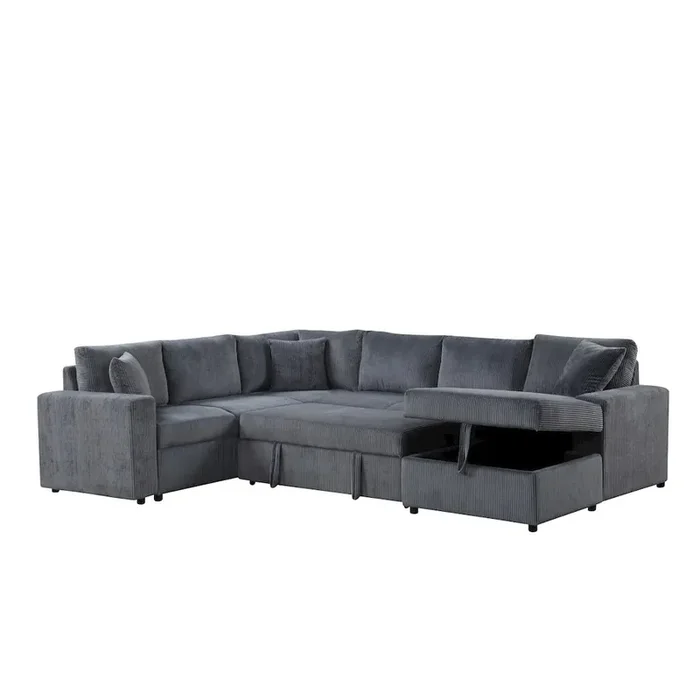 123″W Gray Corduroy Sleeper Sectional Sofa with Chaise and Throw Pillows
