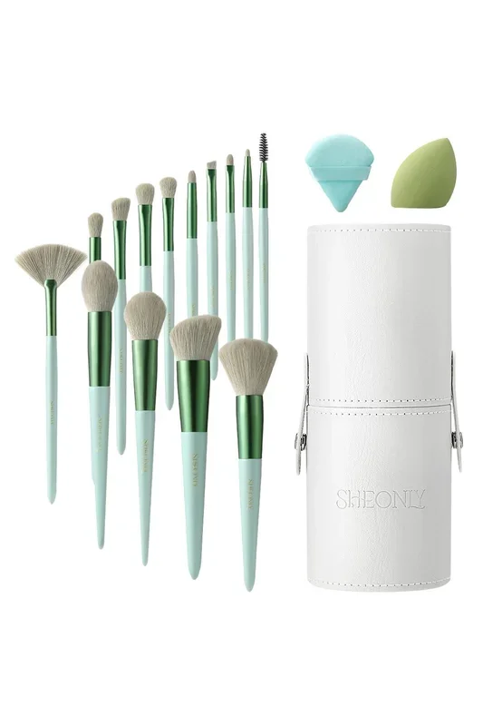 14 Pcs “Sprout-Green” Professional Makeup Brush Set With 2 Makeup Eggs