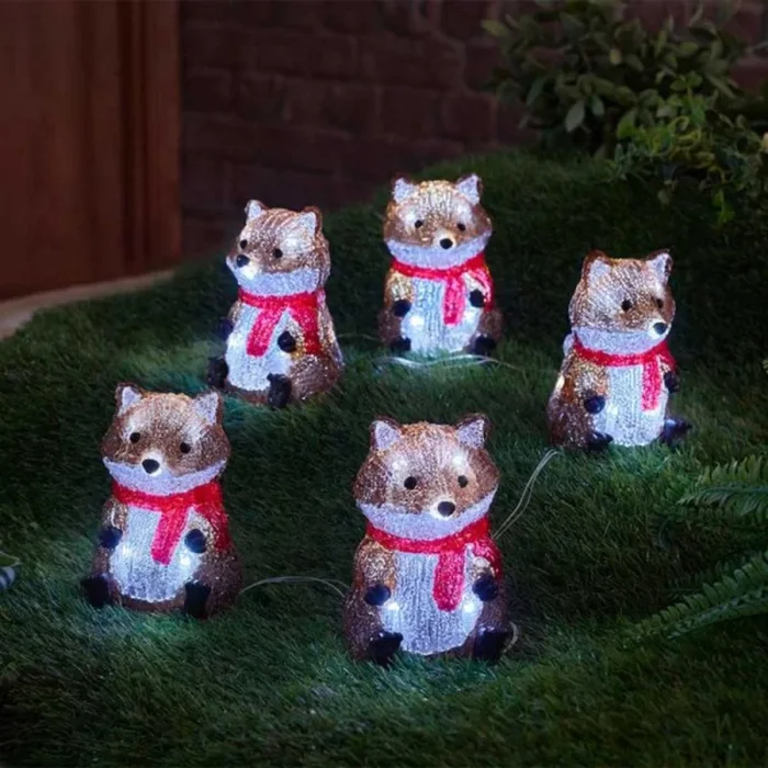 14cm Set of 5 Battery Operated Light up Christmas Fox Ornaments with 40 Cool White LEDs