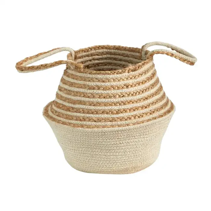 14in. Boho Chic Belly Basket Natural Jute and Cotton Basket Planter