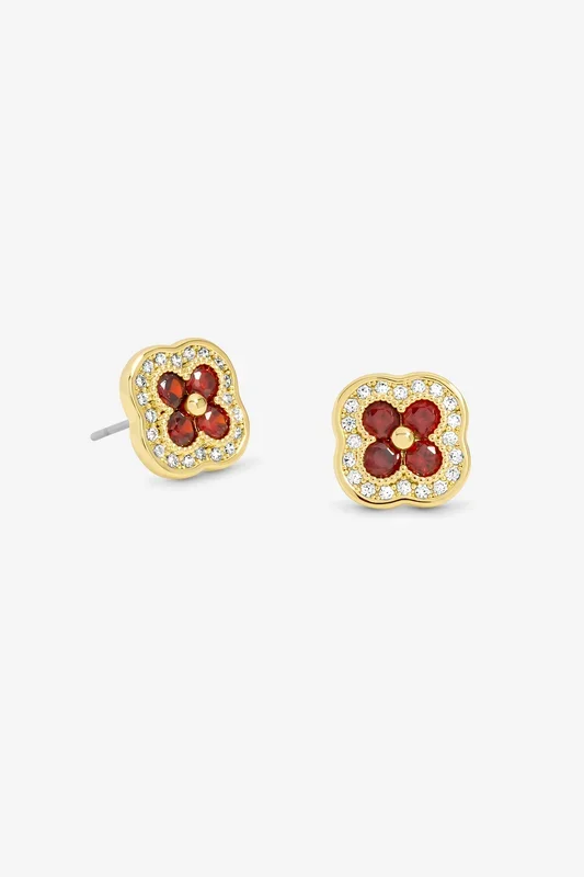 14K Gold Plated Crystal and Ruby Clover Studs