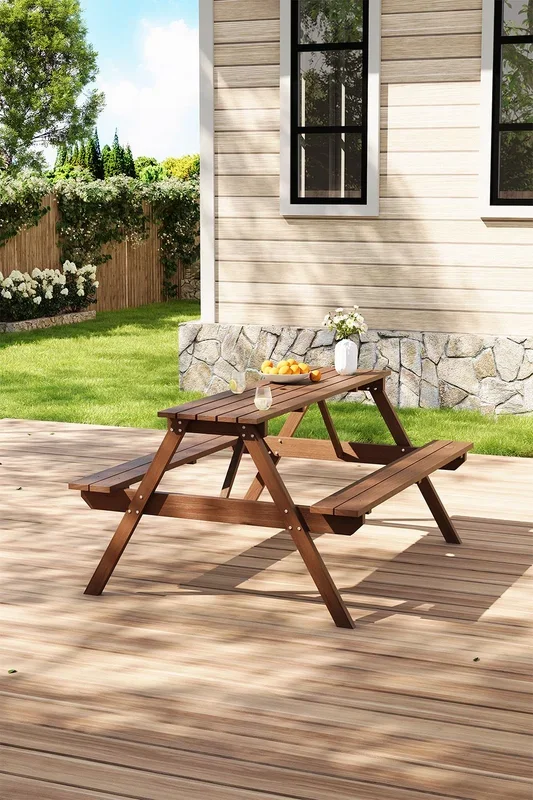 150W*120D*76H cm Solid Wood Rectangle Picnic Table and Bench Set