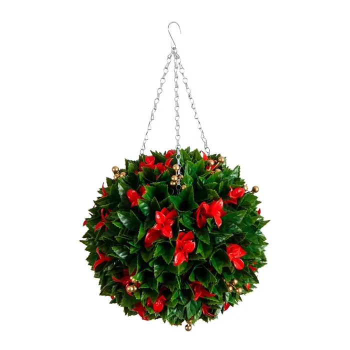 15in. Artificial Red Tip Photinia Christmas Hanging Ball with Gold Berries