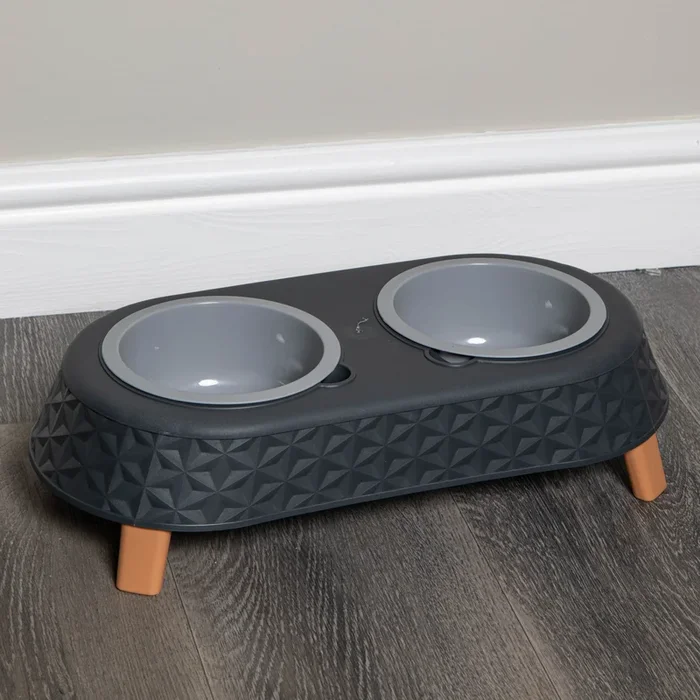 16cm x 9cm Grey Plastic Raised Double Pet Bowl Feeding Station with Stand