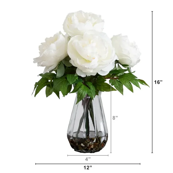 16in. Artificial Peony Arrangement in Glass Vase
