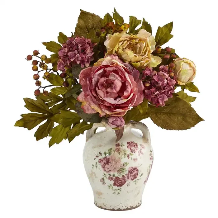 16in. Peony Artificial Arrangement in Flower Print Jar
