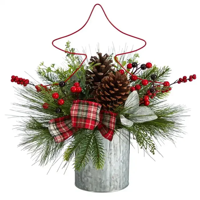 17in. Pinecone and Berries Artificial Christmas Arrangement with Decorative Metal Vase and Wire Red Christmas Tree