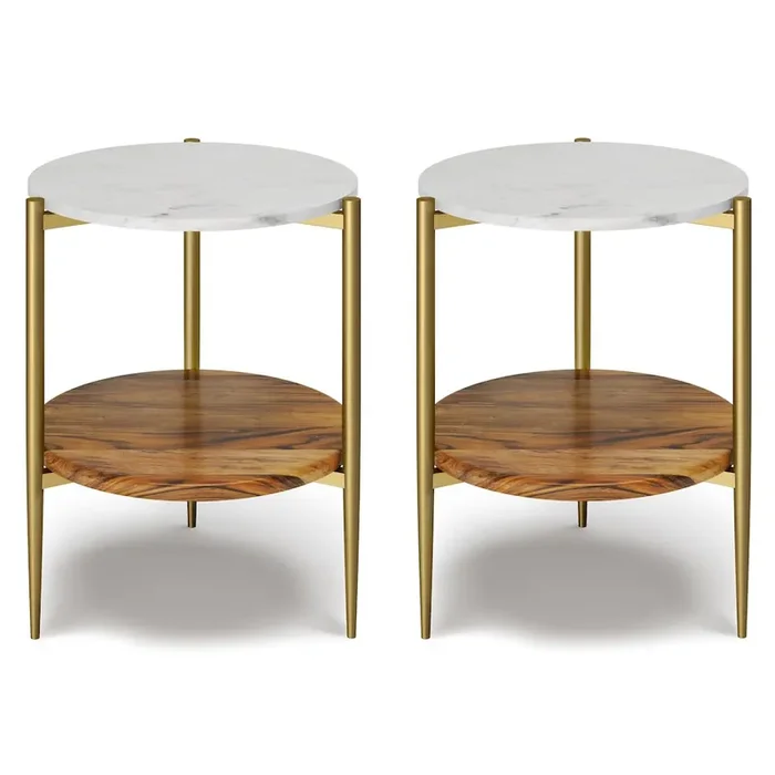 18 inch Round Mid-Century Genuine Marble & Solid Acacia Side Tables(Set of 2)