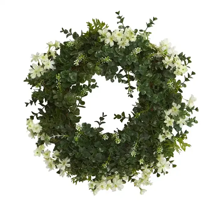 18in. Eucalyptus and Dancing Daisy Double Ring Artificial Wreath with Twig Base
