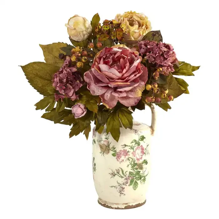 18in. Peony Artificial Arrangement in Floral Pitcher