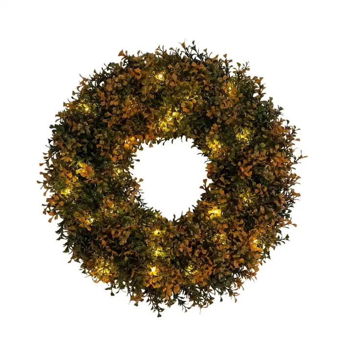 18in Pre-Lit Autumn Boxwood Artificial Fall Wreath with 25 Warm White LED Lights