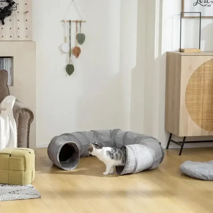 2-in-1 Cat Play Tunnel with Bed – Grey Suede | Zippable S-Shape or Circle PAWHUT