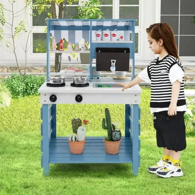 2-in-1 Double-Sided Mud Kitchen – Blue | Fabric Canopy and Kitchen Accessories COSTWAY