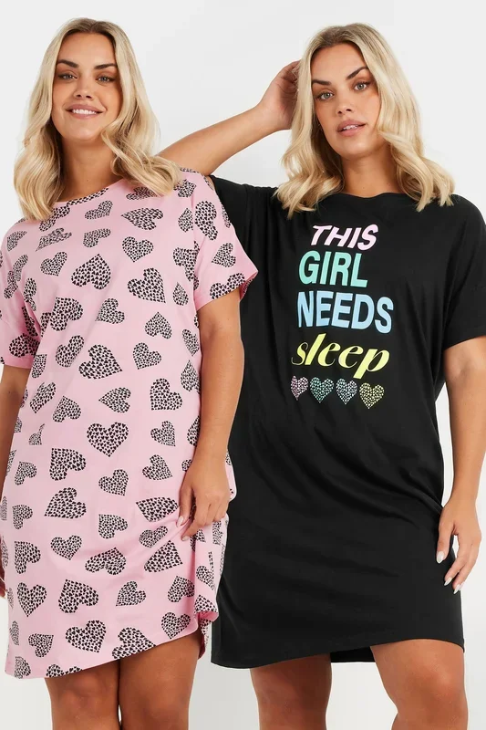 2 Pack Heart Print Slogan Nightdresses