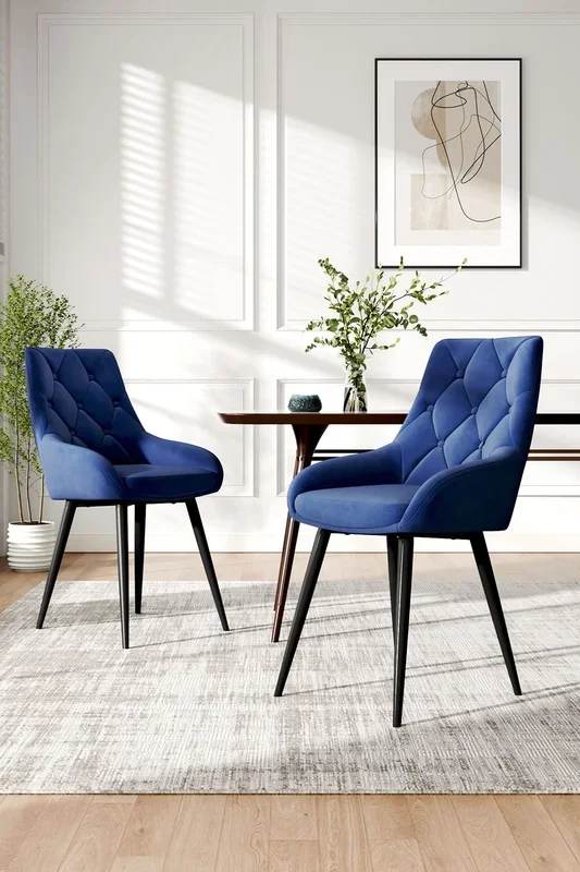 2 pcs Button Velvet Upholstered Dining Chair Dressing Chairs with Metal Legs
