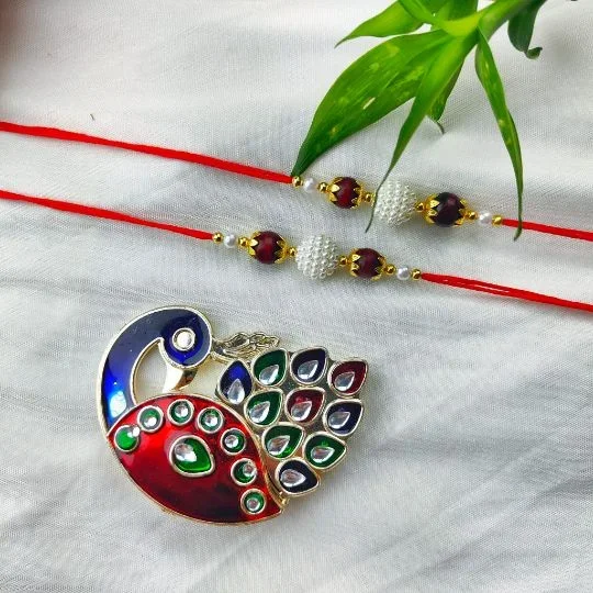 2 Rakhi and 1 Chopda of White Pearl Red Sandalwood Bead Rakhi for Brother