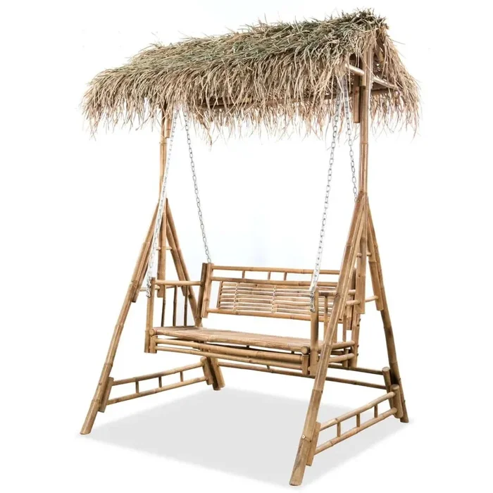 2-Seater Swing Bench – Bamboo | Palm Leaf Canopy and Weather-Resistant Construction VIDAXL