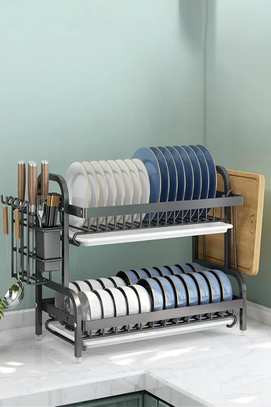 2-Tier Detachable Steel Dish Rack Drainer Drying Storage with Kitchenware Holder