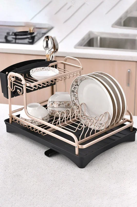 2-Tier Dish Drainer Rack Storage Organization Shelf with Removable Drip Tray & Cutlery Holder Kitchen