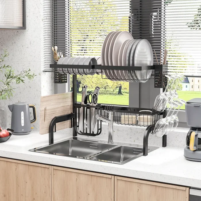 2 Tier Dish Rack, Over The Sink Dish Drainer Rack for Kitchen, Black