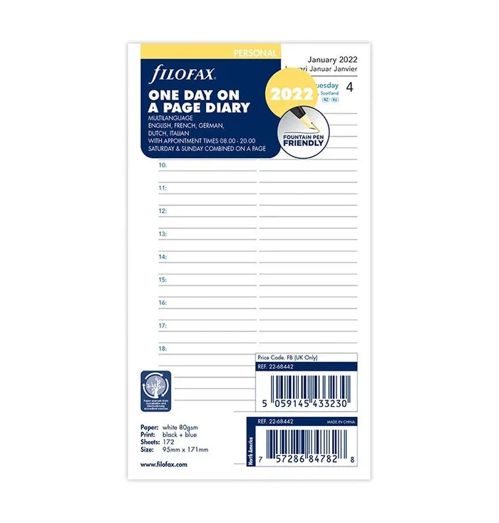2022 Filofax Personal One Day on a Page Refill