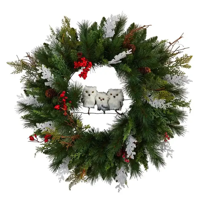 24in. Holiday Winter Owl Family Pinecone Berry Christmas Artificial Wreath