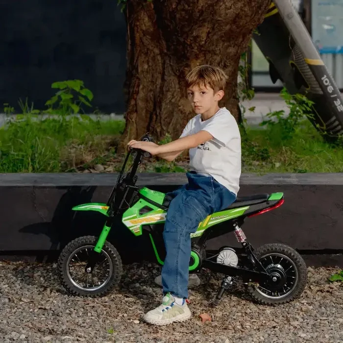 24V Kids Electric Dirt Bike – Green | 250W Motor, Three Speed Settings and Suspension AIYAPLAY