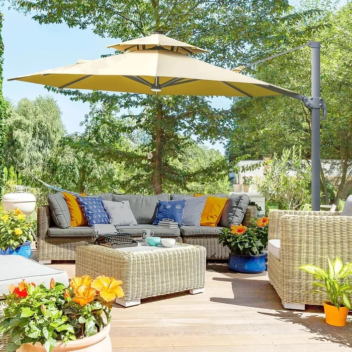3.3m Cantilever Parasol – Khaki | Solar-Powered LED Lights and Power Bank OUTSUNNY