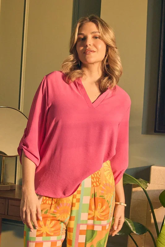 3/4 Turn Up Sleeve Relaxed Blouse
