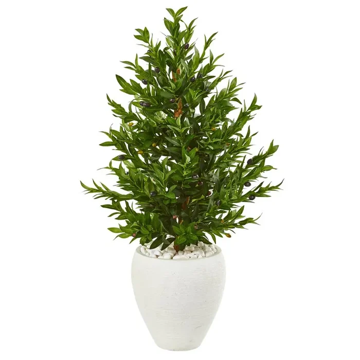 3.5ft. Olive Cone Topiary Artificial Tree in White Planter UV Resistant (Indoor/Outdoor)