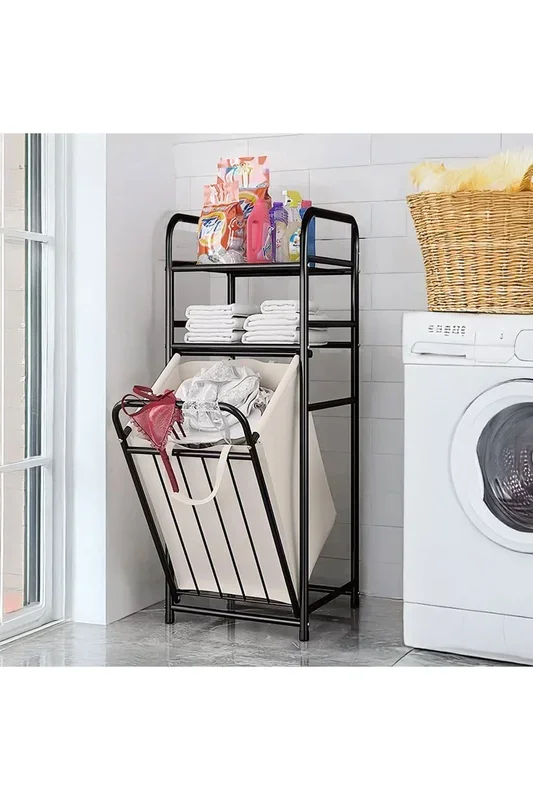 3-Tier Metal Tilt Out Laundry Hamper Bakset Bathroom Shelf with 2-tier Storage Organizer Rack
