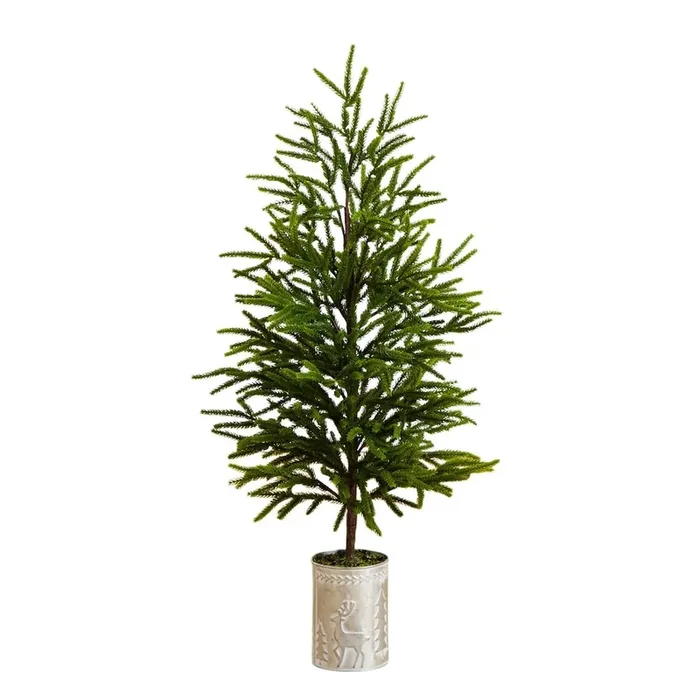32in. Artificial Real Touch Norfolk Island Pine in Christmas Tin Metal Planter