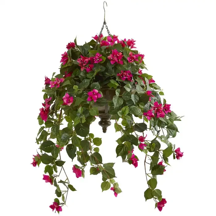 37in. Bougainvillea Artificial Plant in Hanging Metal Bowl