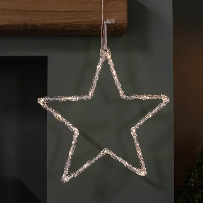 38cm Battery Powered Light up Ice Christmas Star Hanging Decoration with Warm White LEDs