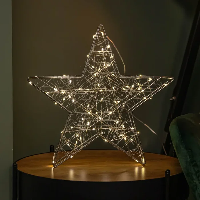 38cm Light up 3D Christmas Silver Star with 80 Warm White LEDs