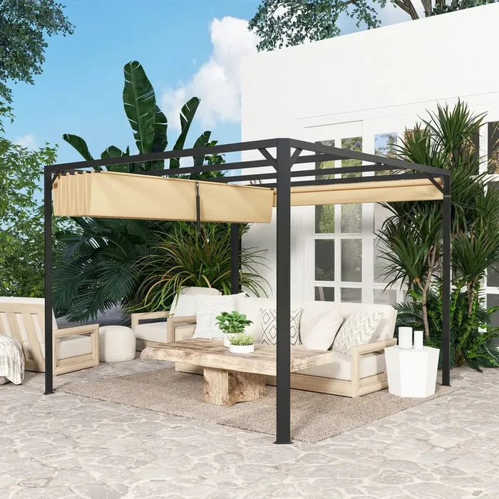 3x3m Retractable Pergola with Side Wall – Khaki | UV30+ Protection with Aluminium Frame OUTSUNNY