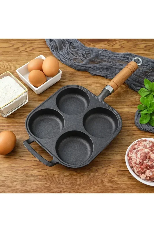 4-Hole Cast Iron Frying Pan with Handle Egg Bacon Burger Skillet