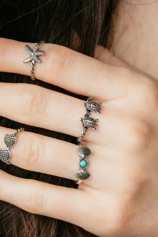 4 Piece Stackable Bohemian Starfish Turtle Beach Midi Retro Rings