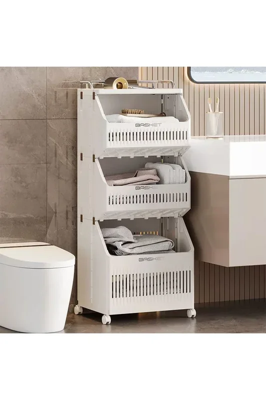 4-Tier Rolling Laundry Basket Hamper Cart with Holder Shelf