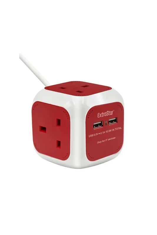 4 Way 1.5M Cube Socket, 2 USB Ports