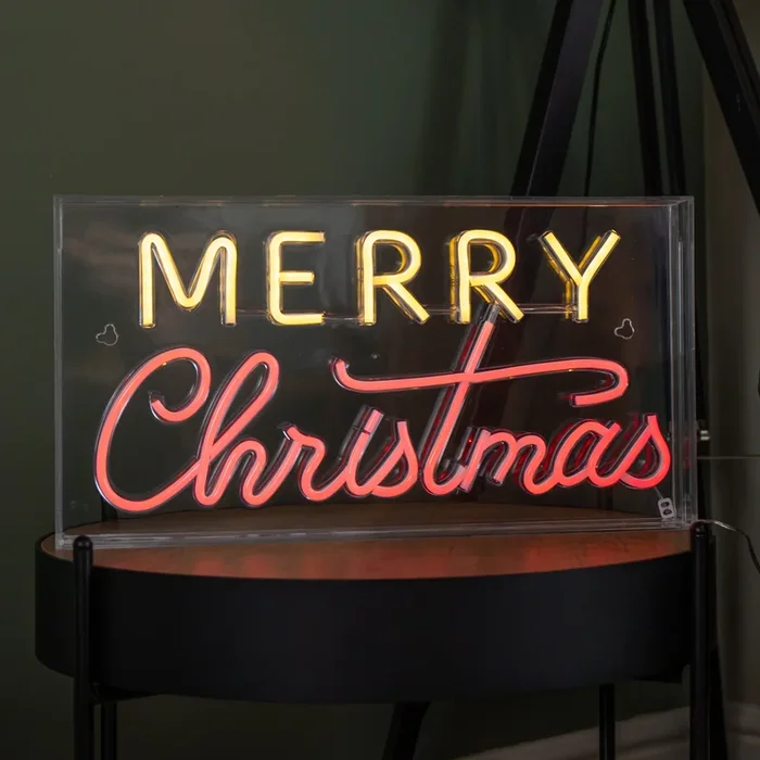 43cm Light up Merry Christmas Neon Flex Sign in Warm White and Red